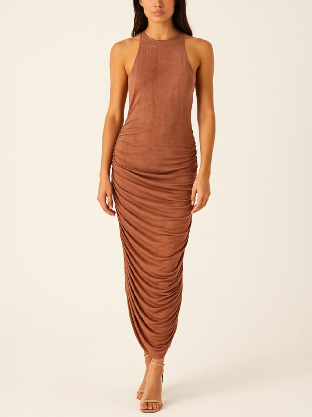 Chrysanthemum Bronze Sleeveless Ruched Midi Dress Size S